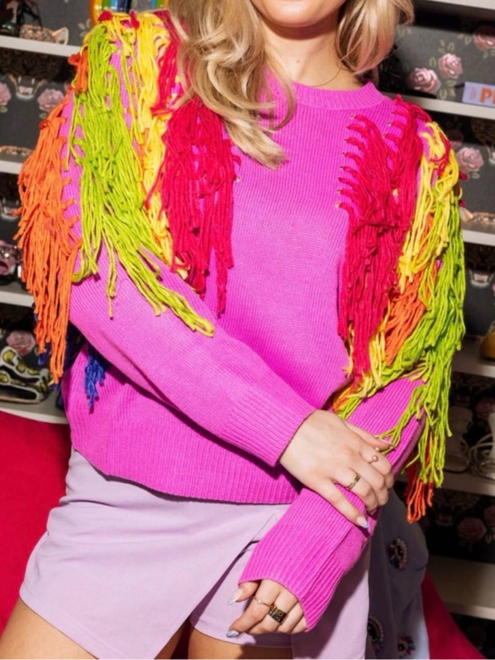 Queen of Sparkles Hot Pink Purple Rainbow Fringe Sweater Women's Size L Dopamine
